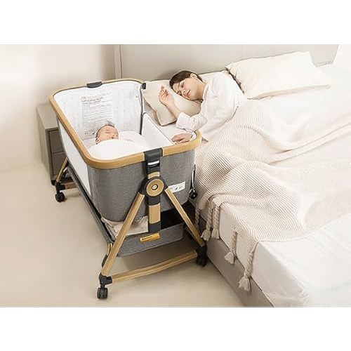 Maydolly Baby Bassinet & Bedside Sleeper, 3 in 1 Rocking Bassinet with Mattress & Sheet, Adjustable Height, Removable Breathable Cover, Easy Folding Infant Crib (Grey)