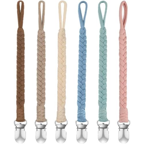 Pacifier Clip for Girls and Boys, BOUKIPOW Baby Pacifier Holder Leash 100% Handmade Braided Fits All Pacifiers & Teething Toys Modern Unisex Baby Gift(6 Pack)
