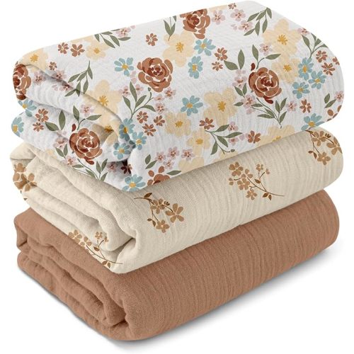 Muslin Swaddle Blankets for Newborn, 3 Pack Breathable Soft Receiving Blanket, Large 38 x 40 inches Swaddle Wrap Burping Clothes, Essentials Infant Shower Items, Toddler Gift (Rustic Floral)