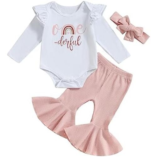 YOKJZJD Baby Girl Short Sleeve Romper T-Shirt Tops Bell Bottom Pants Set One Year Old Birthday Outfit 3Pcs Summer Clothes
