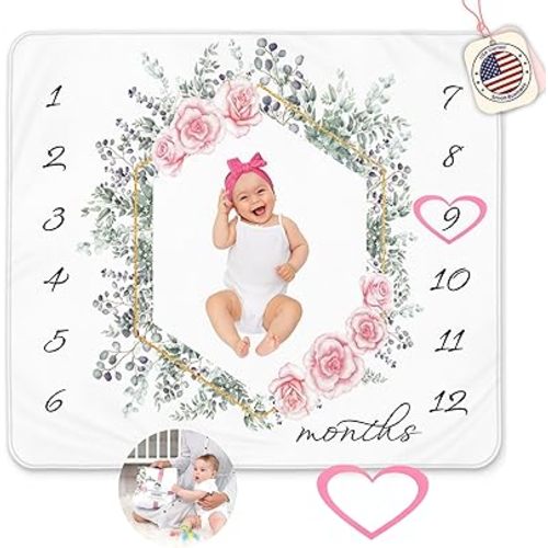 Baby Girl Milestone Blanket – 50x40, Soft Fleece, Eucalyptus & Rose Floral Design, Includes Headband & Wreath, Monthly Growth Chart, Newborn Keepsake & Baby Shower