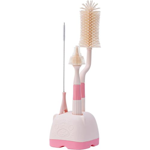 3 in 1 Baby Silicone Bottle Brush Set, Multipurpose Bottle Cleaner, Bottle Brush with Storage Holder, Food Grade Silicone, Effortless Scrubbing, Baby Bottle Cleaning Brush (Cream)