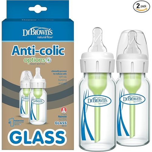 Dr. Brown’s Natural Flow Anti-Colic Options+ Narrow Glass Baby Bottles, 4oz, 2-Pack