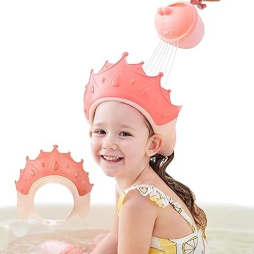 Shower Cap Shield for Kids, Visor Hat for Eye and Ear Protection for 0-9 Years Old Children, Cute Crown Shape Makes the Baby Bath More Fun (Pink)