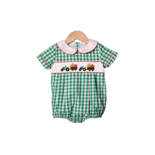 Smocked Gingham Tractor Pumpkin Bubble