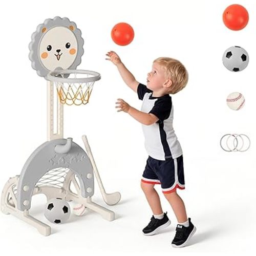 4-in-1 Toddler Basketball Hoop Adjustable Height Indoor Outdoor Sports Center for Kids Basketball, Soccer, Hockey & Ring Toss, Grey and White