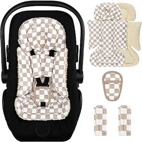 DILIMI Infant Car Seat Insert, Baby Car Seat Head Support with Removable Headrest, Adjustable Newborn Car Seat Cushion with3 Strap Paddings for Stroller, Swing, Bouncers, Coffee Lattice