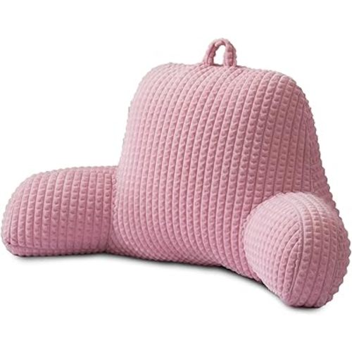 A Nice Night Reading Pillow Bed Wedge Large Adult Children Backrest with Arms Back Support for Sitting Up in Bed/Couch for Lounging Bedrest,Waffle Stereoscopic Design,Pink