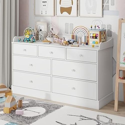 Vabches Kids Dresser Cabinet with 7 Drawers, Changing Table for Nursery, White Kids Chest of Drawers, Baby Dresser, Kids Bedroom Furniture, Nightstand for Child’s Room, White