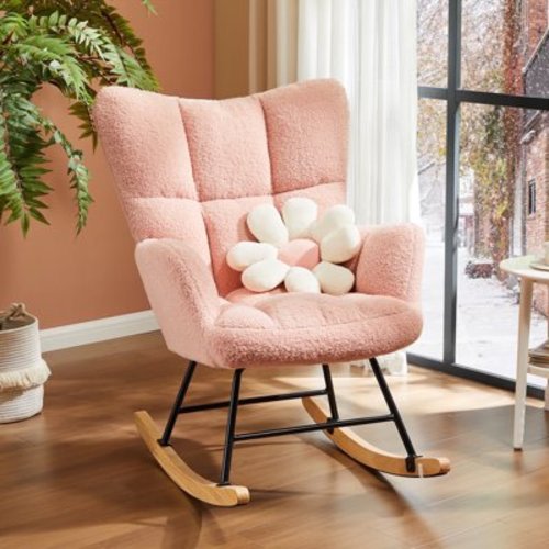 High Back Cozy Rockers Plush Upholstered Nursery Rocking Chair, Teddy Fabric, Pink