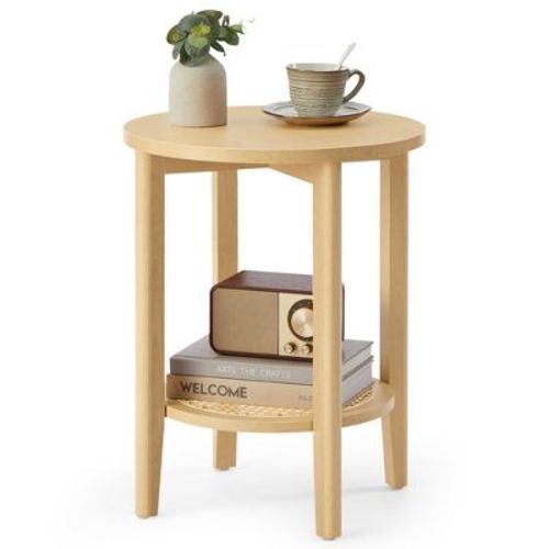 Boho 2-Tier Round Side Table - Rattan-Look Nightstand with Storage Shelf for Bedroom/Living Room, Space-Saving, Oak Beige