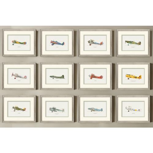 Framed Vintage Airplane Art Prints for Nursery & Boys Room - Set of 12 Hand-Drawn Watercolor Art Prints featuring American Planes