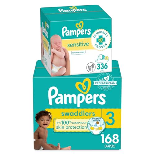 Diapers Size 3, 168 Count and Baby Wipes - Pampers Swaddlers Disposable Baby Diapers and Water Baby Wipes Sensitive Pop-Top Packs, 336 Count (Packaging May Vary)