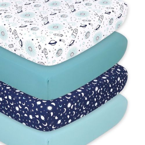 The Peanutshell Fitted Crib Sheet Set for Baby Boys, Space, 4 Pack | Blue, Teal