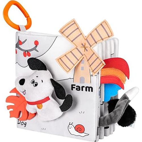 Baby Book 0-12 Months, Crinkle Cloth Book with Rattle & Touch and Feel Sensory Toys, Soft Teether for Infants, Educational Learning Toys, Ideal Baby Shower Easter Gifts for Boys Girls (Farm Animals)
