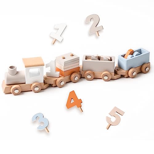 Montessori Stacking Toys for Toddlers 1-5 Wooden Train Set for Babies Wood Train Toys Classic Wooden Cars with Numbers and Blocks for Boys Girls 1 2 3 4 5 Birthday Gift