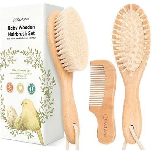 Baby Hair Brush and Comb Set for Newborn - Wooden Baby Hair Brush Set with Soft Goat Bristle, Baby Brush Set for Newborns Baby Brush and Comb Set Girl, Boy, Toddler Cradle Cap Brush (Oval, Walnut)