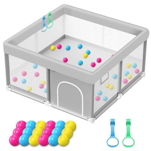Baby Playpen with Mat, 50x50 Inch Playpen with Mat Waterproof for Babies and Toddlers Play Pen Playards Safety Gate Fence Active Center Indoor