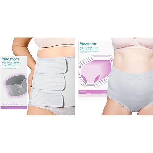 Frida Mom Belly Binder, Adjustable Compression Wrap + Postpartum Disposable High Waist Underwear, Size Regular (Waist 28"-42" Stretched), 8 Count, C-Section Recovery Bundle