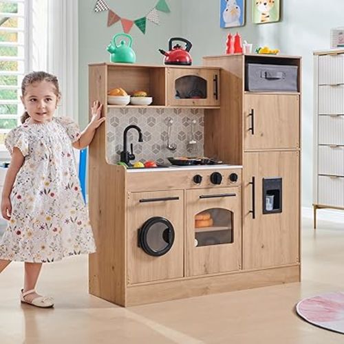 Play Kitchen for Kids, Wooden Kids Kitchen Playset with Lights and Sounds, Kitchen Set for Toddler with Storage Box, Ice Maker, Oven and 11 Accessories for Boys and Girls Ages 3+ (Natural)