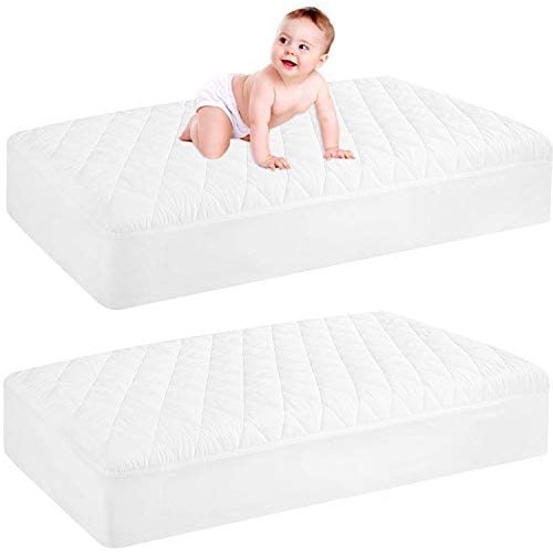 2 Pack Waterproof Crib Mattress Protector, Quilted Fitted Baby Mattress Cover, Extra Soft Breathable Toddler Mattress Pad 52x28-fits up to 9" , White