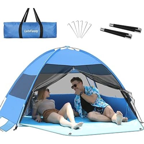 Large Easy Setup Beach Tent,Anti-UV Beach Shade Beach Canopy Tent Sun Shade with Extended Floor & 3 Mesh Roll Up Windows Fits 3-4 Person,Portable Shade Tent for Outdoor Camping Fishing (Blue)