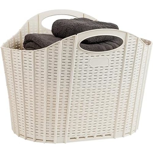 Mind Reader 40L Collapsible Laundry Hamper, Clothes Basket, Premium Wicker Design, Plastic, 21.5"L x 15"W x 15.25"H, Ivory