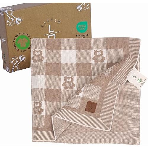 Gender-Neutral Checkered Baby Blanket 30x40 Inches, Mocha Teddy Bear – 100% Organic GOTS Certified Cotton, Soft and Lightweight, Perfect for Swaddling