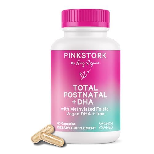 Pink Stork Total Postnatal Vitamins for Women with Vegan DHA, Iron, Folate, and Vitamin B12, Postpartum Recovery Essentials, Daily Supplement for Breastfeeding Moms - 1 Month Supply