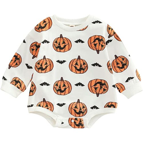 Halloween Baby Boy Girl Clothes Pumpkin Romper Sweatshirt Onesie Crewneck Oversized Long Sleeve Bodysuit Outfit - White Pumpkin Bat - 12-18 Months