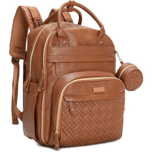 BabbleRoo Leather Diaper Bag Backpack - Baby Essentials Travel Baby Bag, Multi function, Waterproof, with Changing Pad, Stroller Straps & Pacifier Case – Unisex, Natural Brown