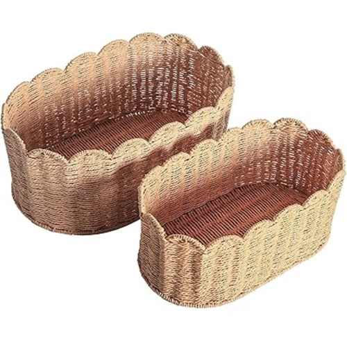Scalloped Edge Basket, Wicker Storage Baskets, Hand Woven Baskets for Shelves,Natural Baskets for Organizing (Paper rope(Ellipse-16"L x 10"W x 7"H))