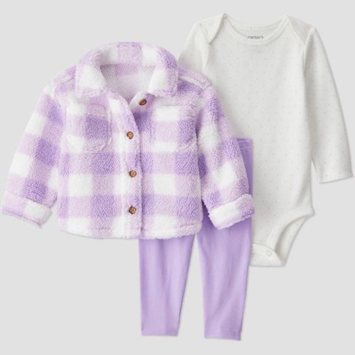 Carter's Just One You® Baby Girls' 3pc Plaid Sweatshirt with Long Sleeve Bodysuit and Leggings Set - Purple 9M