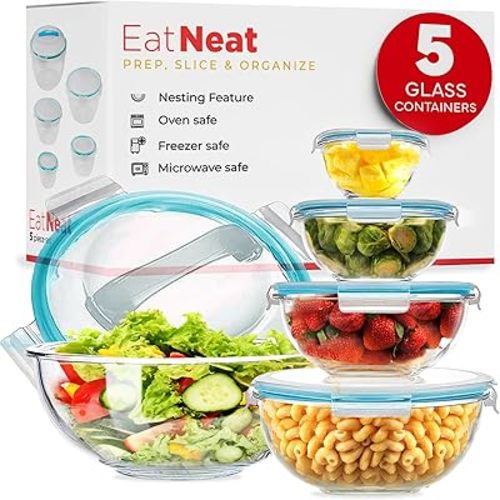 EatNeat 5‑Piece Glass Food Storage Bowl Set with Locking Lids – Airtight, Nesting, Stackable Bowls – Oven, Microwave Safe – Great Gift for Meal Prep, Salads, Leftovers, Baking & Cooking