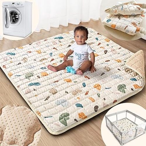 Baby Play Mat: 50x50 Playpen Mat with Super Soft Touch Activity Mat with Anti-Slip Bottom Machine Washable Nursery Rug for Floor & Playard (Boho Color Blocks)