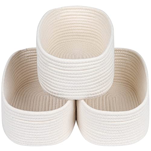 CubesLand Off White Small Storage Baskets for Shelves, Closet Organization Storage Bins Empty Gift Basket Baby Nursery Woven Baskets for Organizing, Rectangular Clothes Closet Shelves Baskets 3 Packs
