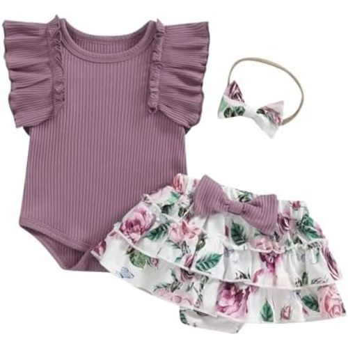 Kupretty Baby Girl Clothes Cute Summer Infant Outfits Ruffle Sleeveless Knit Romper + Floral Bow Bloomers Shorts + Headband