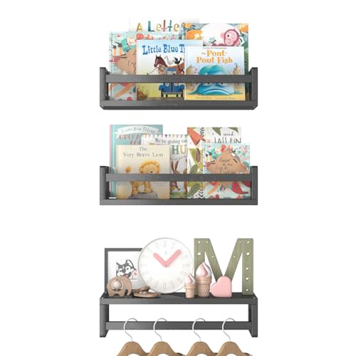 URBANCOZ Floating Nursery Book Shelves for Wall, 15.7 Inch Nature Solid Wood Wall Mounted Bookshelf Set of 3, Hanging Bookshelves for Kids Room, Bedroom Nursery Decor and Book Storage (Black)