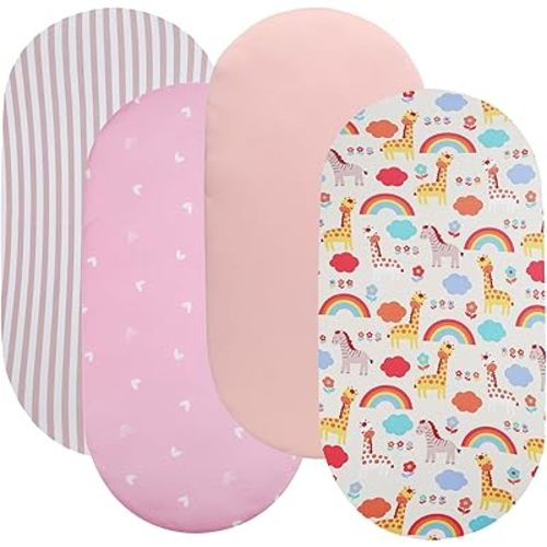 Bassinet Sheet Set 4 Pack Snug Fitted Cradle Fitted Sheets, Stretchy Ultra Soft, for Oval Rectangle Hourglass Bassinet Mattress, Unisex Boy Girl, Stripe/Love/Pink/Rainbow