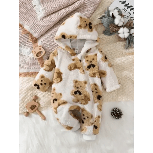 Baby Cartoon Pattern Zipper Hooded Jumpsuit