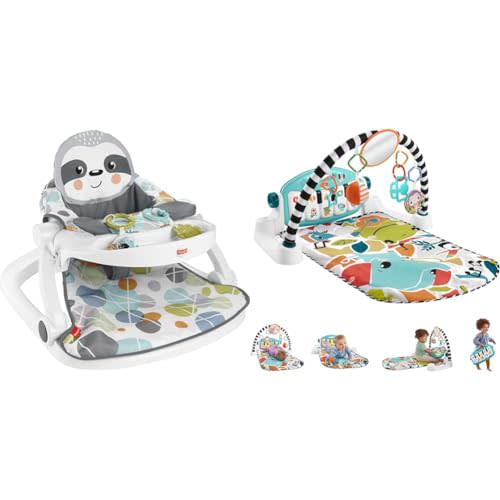 Fisher-Price Baby Portable Chair with Snack Tray, Sit Me Up Floor Seat with Linkable Clacker & Teether Toys, Cute Sloth & Baby Activity Mat Glow and Grow Kick & Play Piano Gym, Portable Musical Toy
