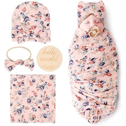 BQUBO Baby Girl Newborn Receiving Blanket with Bow Hat Headband Wooden Birth Announcement Card Set Baby Floral Print Nursery Swaddle Wrap
