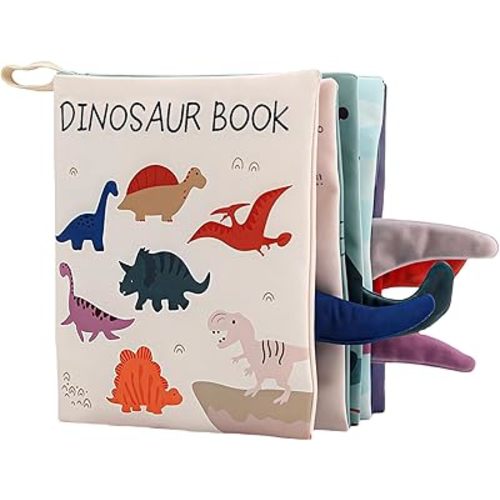 Dinosaur Baby Books Toys, Touch Feel Cloth Crinkle Soft Books for Babies Infants, 0-6-12-18 Months, with Toy, Mirror, Tail and Crinkle, Early Development Stroller, Shower Newborn Gifts for Boys Girls