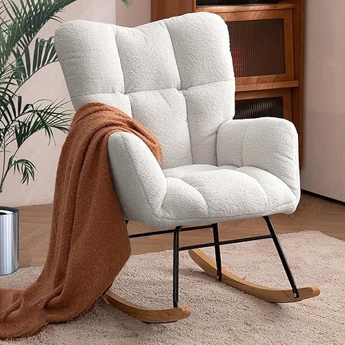 Nursery Rocking Chair, Teddy Upholstered Glider Rocker with High Backrest Armchair, Modern Rocking Accent Chairs for Nursery, Living Room, Bedroom, Offices (Ivory)