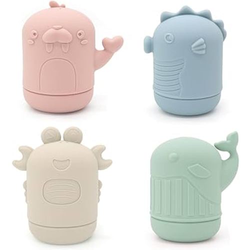 Ginbear Silicone Baby Bath Toys, Mold Free Squirty Bath Toy for Toddlers, Preschool Bath Toys for Infants, Non-Toxic Bathtub Toys for Babies 6 Months+ (Pack of 4)