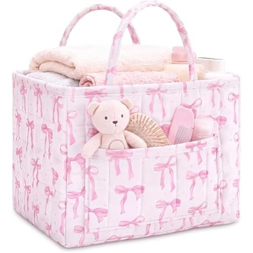 Yookeer Pink Bow Quilted Storage Basket Coquette Print Fabric Organizer Bin with Handle Large Collapsible Tote Bag for Nursery Bathroom Bedroom Diaper Storage Home Decor 13"x11"x10.6"