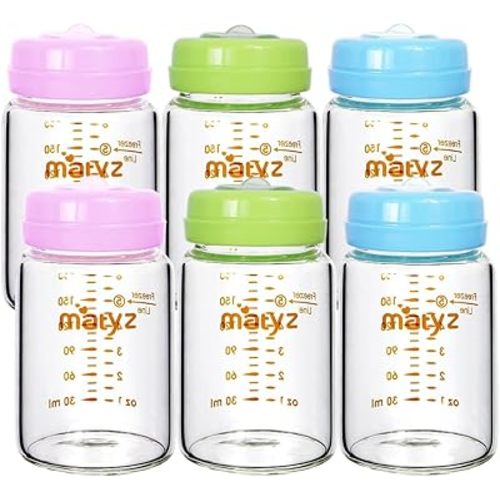 Matyz 6-Pack Borosilicate Glass Breast Milk Bottles (6 oz, 3 Colors) - Wide Neck Breastmilk Collection and Storage Bottle - Formula Storage Bottles Compatible with Medela Avent Spectra Pumps