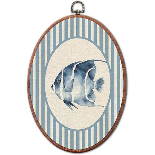 Vintage Angelfish Nursery Oval Wall Art Framed, Blue Striped Sea Creatures Animal Framed Canvas Prints, Unique Retro Gift Hanging Wall Decor for Kids Toddler Room Bedroom Playroom, 8.6x11.4 Inch