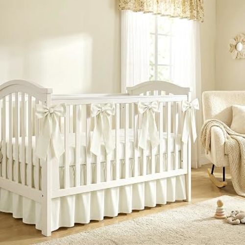 Smoothnovelty Beige Crib Bed Skirts with 4 Large Cot Bow 28" x 52",14" Drop