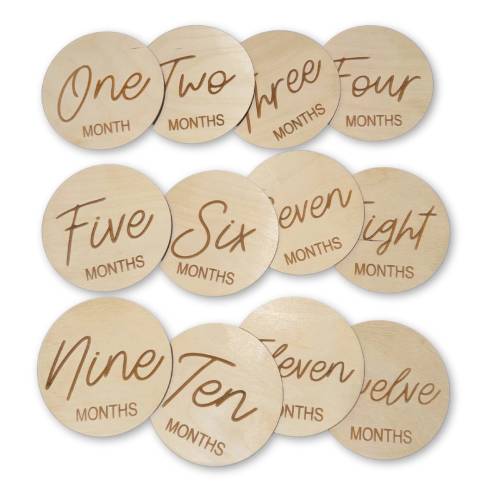 Baby Monthly Milestone Discs 12pc. | Engraved Wood Cutouts | One - Twelve | 1/4&quot; Thick |